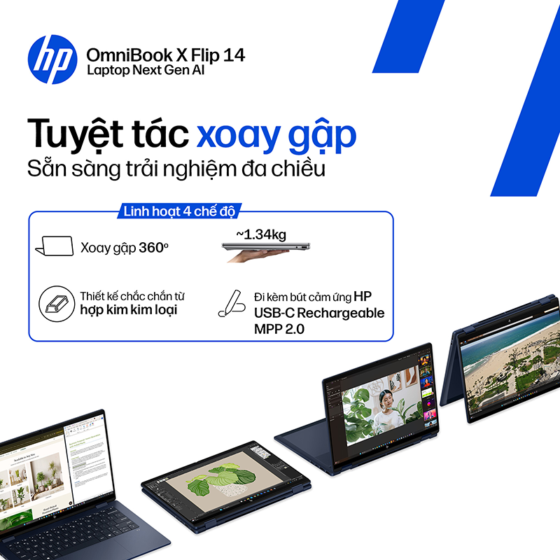 Laptop HP OmniBook X Flip 14-fm0088TU BZ7Q2PA /Ultra 5-226V/16GB/512GB /142K Touch/3 Cell/Pen/OfficeH24+M365B/Win11/Xanh/1Y