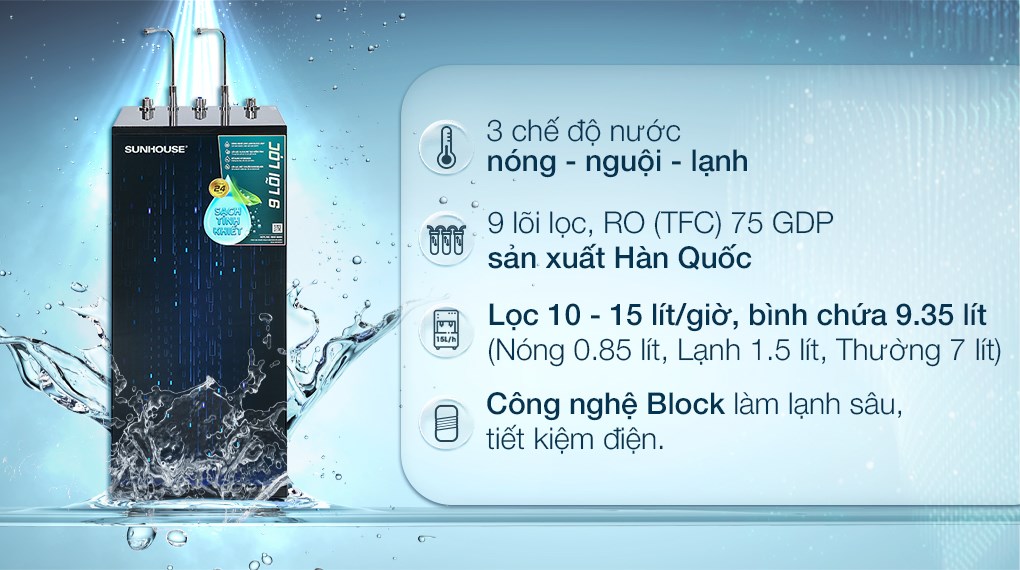 Máy Lọc Nước nóng lạnh Sunhouse RO 9 cấp SHA76215CK