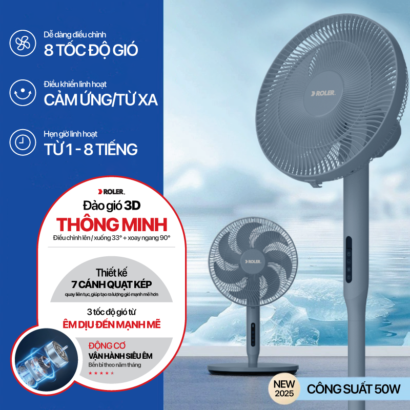 Quạt cây ROLER 7 cánh Có điều khiển từ xa Xám – RF-7127A