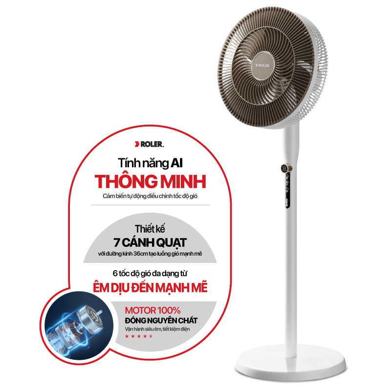 Quạt cây ROLER Thông minh 7 cánh Có điều khiển từ xa Trắng – RF-7124A