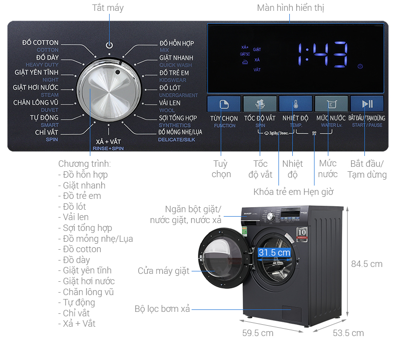 Máy giặt Sharp Inverter 9 kg ES-FM90CB-SB